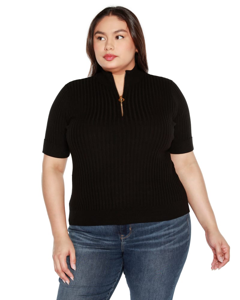 Front of a model wearing a size 1X Plus Size Ribbed Zip Mock Neck Sweater in Black by Belldini Black Label. | dia_product_style_image_id:347248